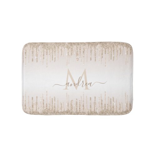 Elegant Champagne Glitter Dripping Monogram  Name Bath Mat