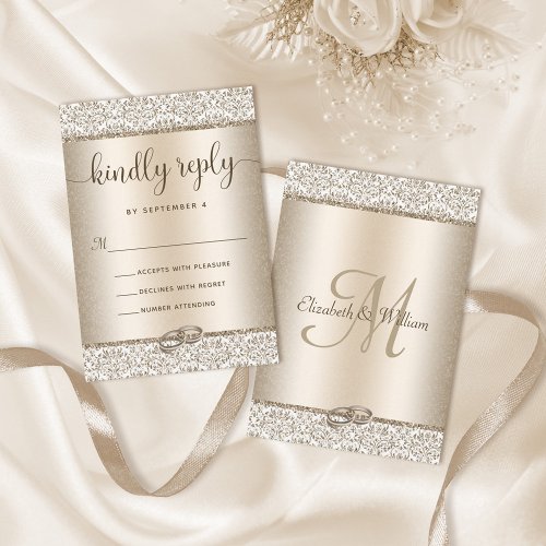 Elegant Champagne Glitter Monogram Wedding  RSVP Card
