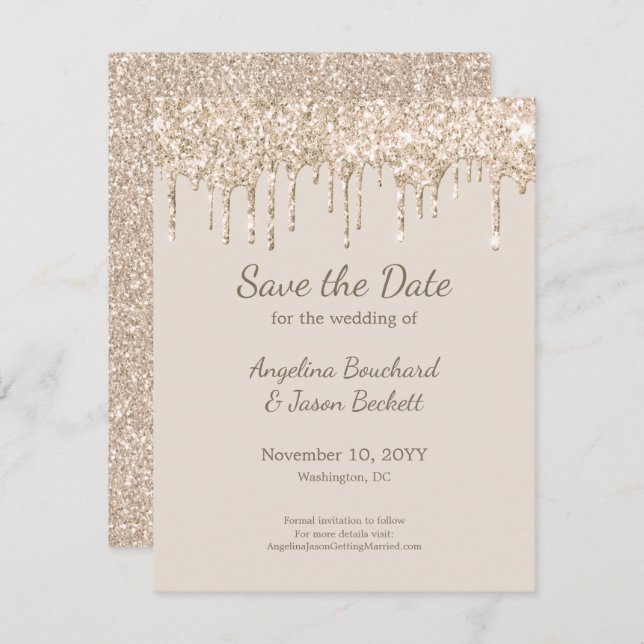 Elegant Champagne Glitter Wedding Save The Date Invitation (Front/Back)