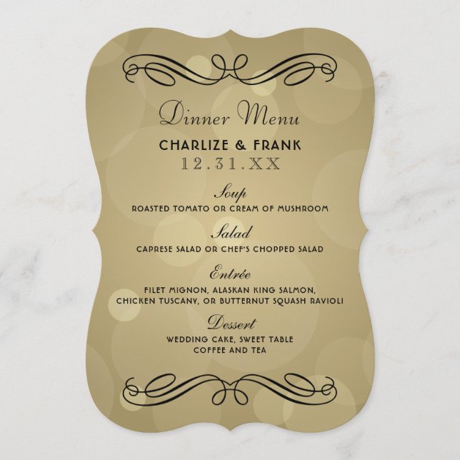 Elegant Champagne Gold and Black Wedding Menu (Front)
