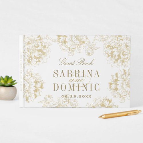 Elegant Champagne Gold Floral Peony Wedding Guest Book