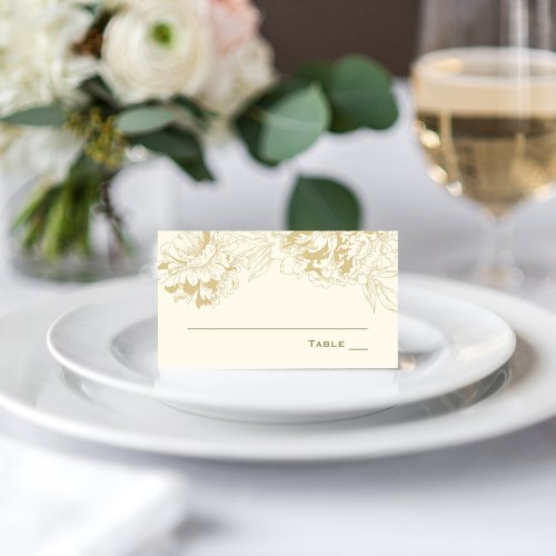 Elegant Champagne Gold Floral Peony Wedding Place Card