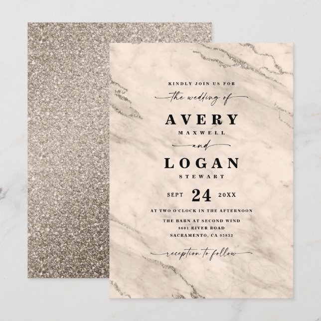 Elegant Champagne Gold Marble & Glitter Wedding Invitation (Front/Back)