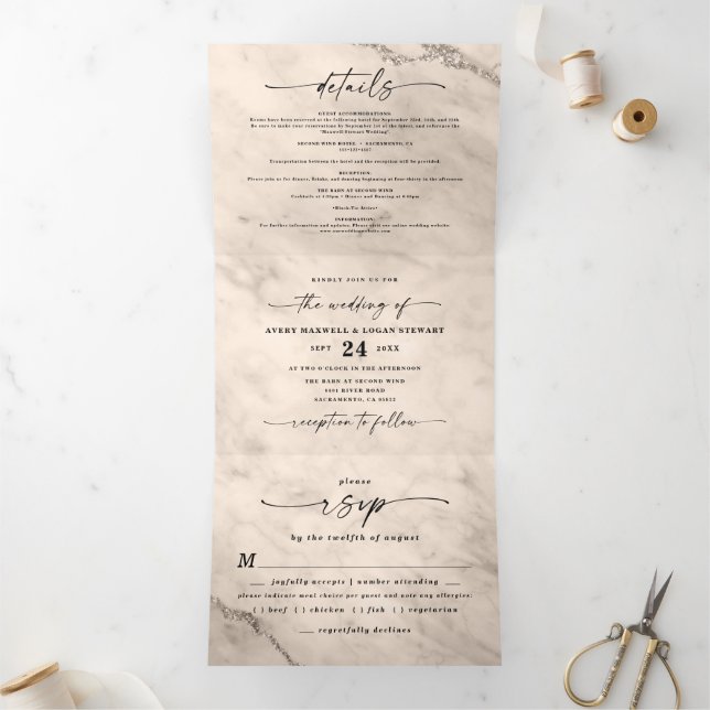 Elegant Champagne Gold Metallic Marble Wedding Tri-Fold Invitation (Inside)