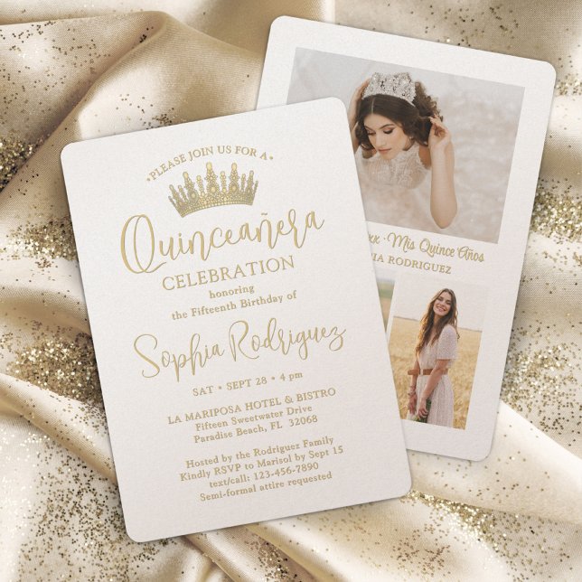 Elegant Champagne & Gold Quinceañera Crown 3 Photo Invitation (Creator Uploaded)