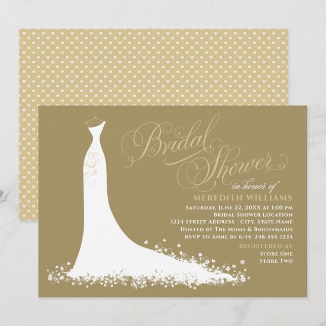 Elegant Champagne Gold Wedding Gown Bridal Shower Invitation (Front/Back)