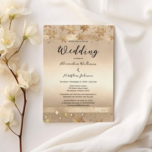 Elegant Champagne Golden Snowflakes Luxury Wedding Invitation