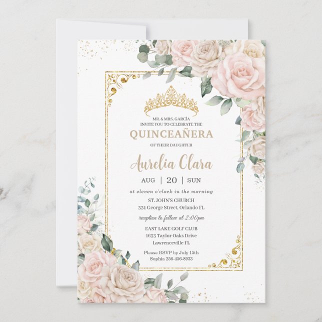 Elegant Champagne Ivory Blush Floral Quinceañera Invitation (Front)