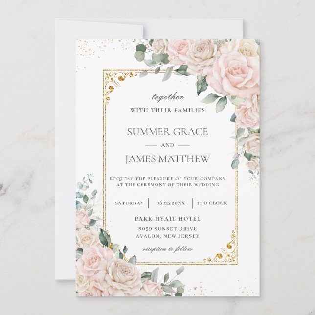 Elegant Champagne Ivory Blush Floral Wedding Invitation (Front)
