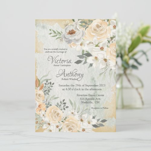 Elegant Champagne Ivory Floral Script Wedding Invi Invitation