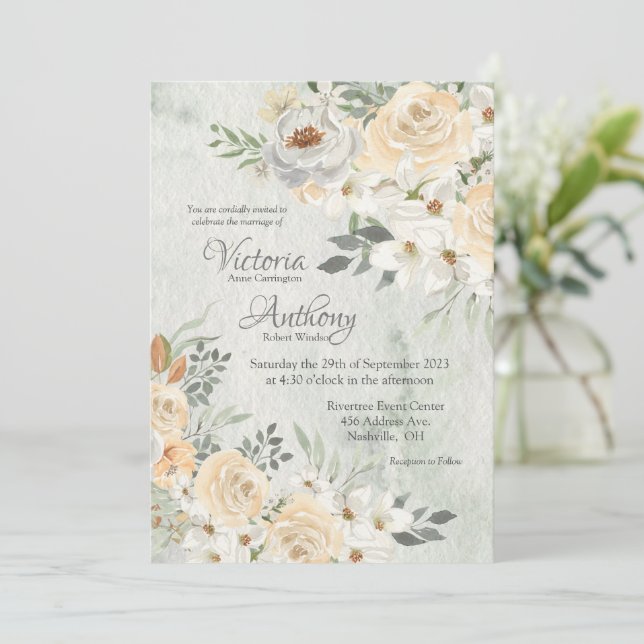 Elegant Champagne Ivory Floral Script Wedding Invitation (Standing Front)