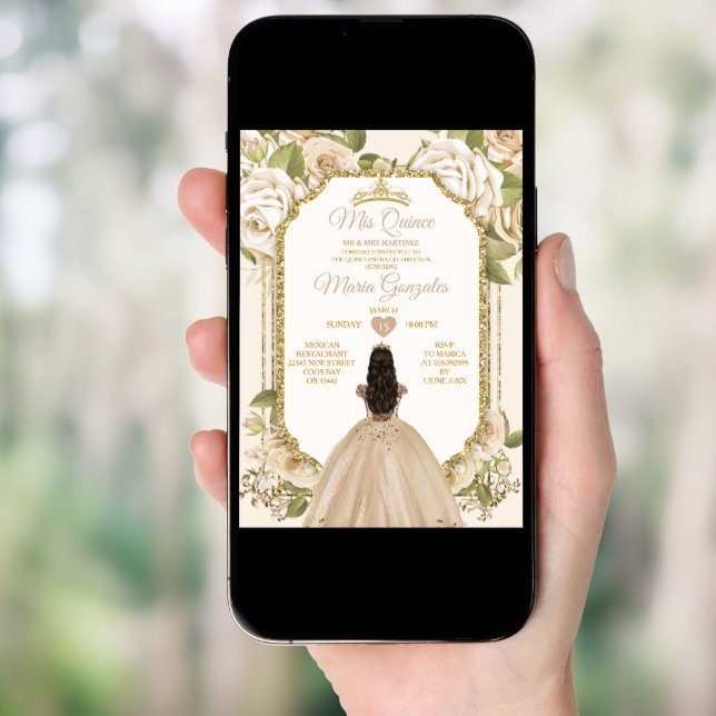 Elegant Champagne Mis Quince 15 Anos Gold Crown Invitation (Front Digital)