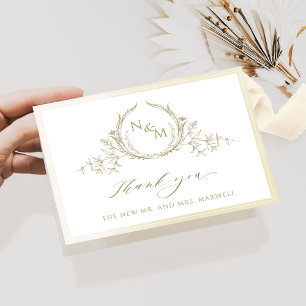 Elegant Champagne Monogram, Watercolor Wedding Thank You Card