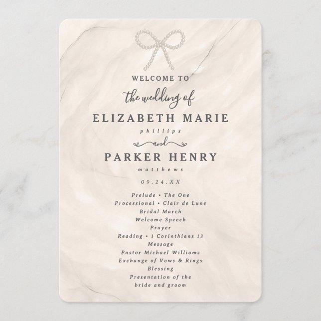Elegant Champagne Pearl Bow Wedding Ceremony Program (Front)