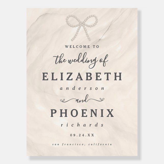 Elegant Champagne Pearl Bow Wedding Welcome Sign (Front)