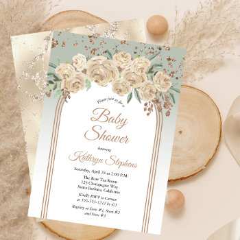 Elegant Champagne | Sage Floral Baby Shower Invitation by holidayhearts at Zazzle