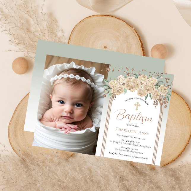 Elegant Champagne | Sage Floral Photo Baptism Invitation (Elegant Champagne Roses and Sage Floral Photo Baptism Invitation)