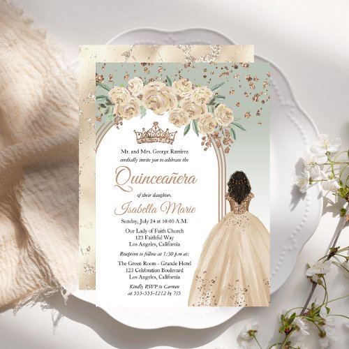 Elegant Champagne  Sage Floral Quinceaera Party Invitation