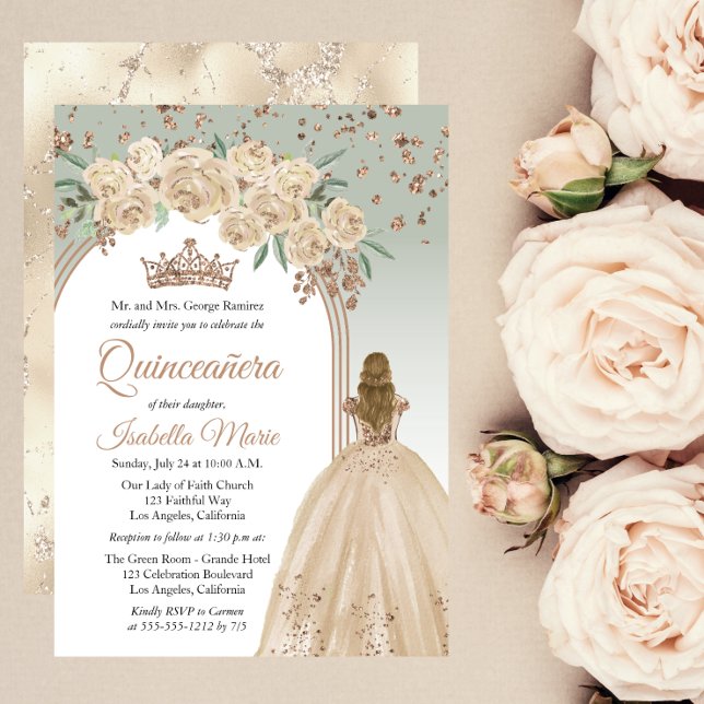 Elegant Champagne | Sage Floral Quinceañera Party Invitation (Elegant Champagne Color and Sage Green Faux Rose Gold Glitter Golden-Hair Quinceañera Invitation)
