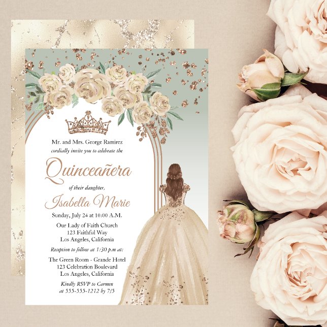 Elegant Champagne | Sage Floral Quinceañera Party Invitation (Elegant Champagne Color and Sage Green with Faux Rose Gold Glitter Auburn Quinceañera Invitation)