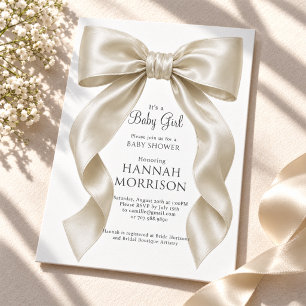 Elegant Champagne Satin Bow Baby Girl Shower Invitation