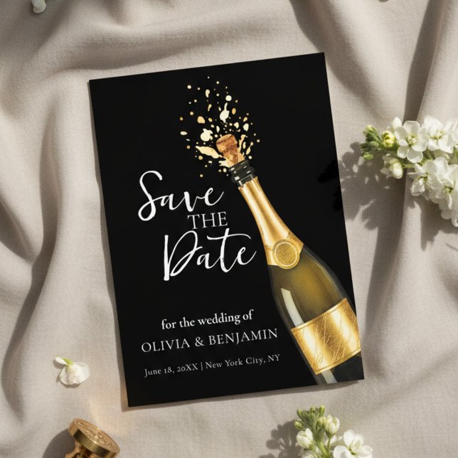Elegant Champagne Save the Date Wedding Invitation (An elegant black and gold Save the Date design featuring a popping champagne bottle)