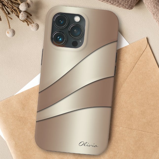 Elegant Champagne Shimmer Waves Pattern with Name Case-Mate iPhone Case (Creator Uploaded)