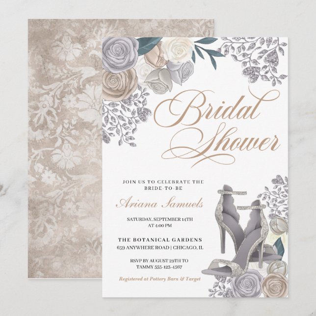 Elegant Champagne Silver Bridal Shower Shoes Invitation (Front/Back)
