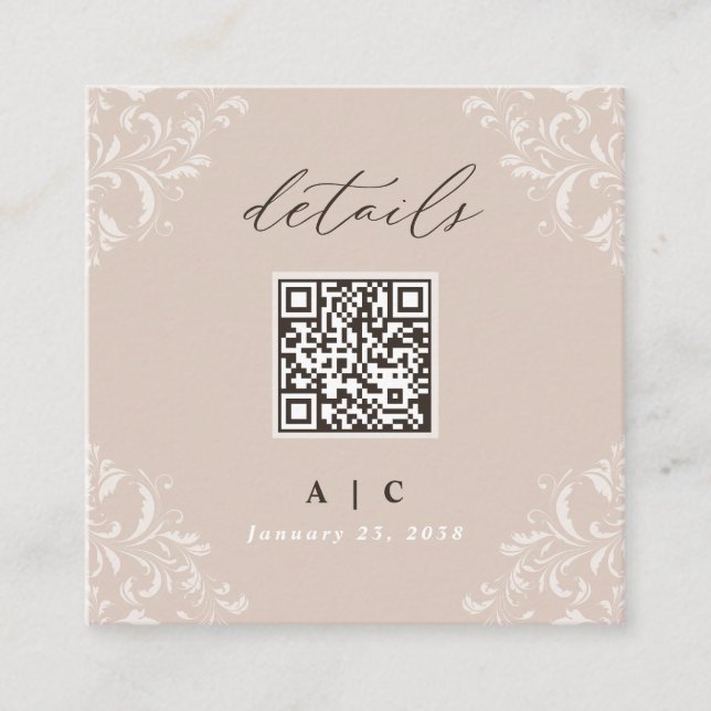 Elegant Champagne Tan QR Code Wedding Details Enclosure Card (Front)