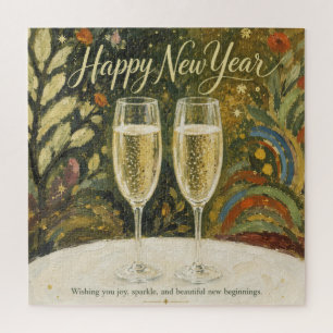 Elegant Champagne Toast Folk Art Happy New Year Jigsaw Puzzle