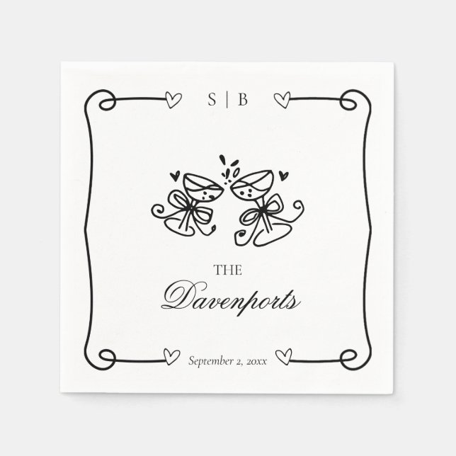 Elegant Champagne Toast Hand Drawn Doodle Wedding Napkins (Front)