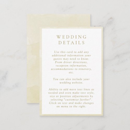 Elegant Champagne Watercolor Wedding Details Enclosure Card