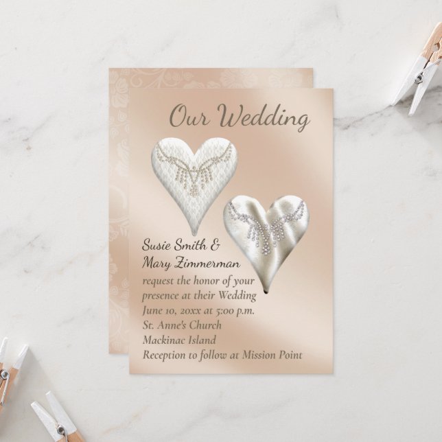 Elegant Champaign and Pearl Gay Wedding Invitation (Front/Back In Situ)