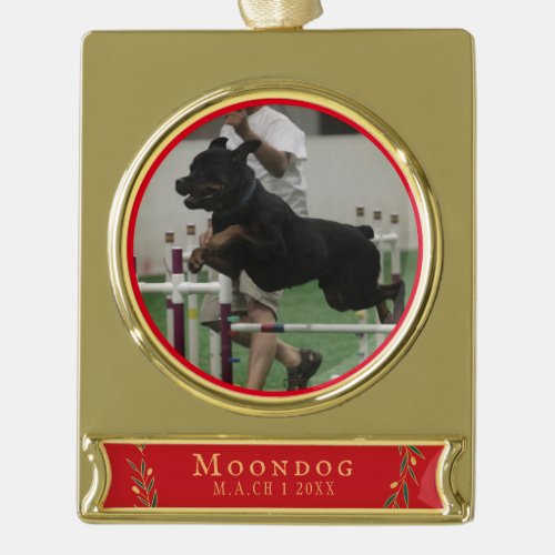 Elegant Champion Dog Photo Title Christmas Gold Plated Banner Ornament