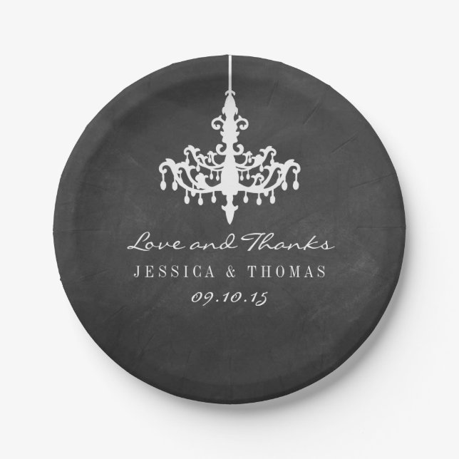 Elegant Chandelier Chalkboard Wedding Collection Paper Plates (Front)