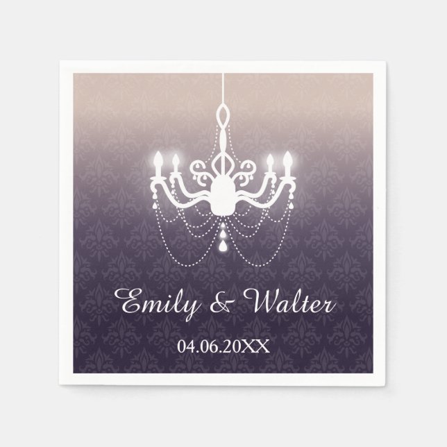 Elegant Chandelier On Purple With Names Wedding Paper Napkins (Front)