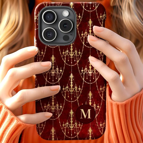 Elegant Chandelier Pattern Deep Red Gold Monogram iPhone 15 Case