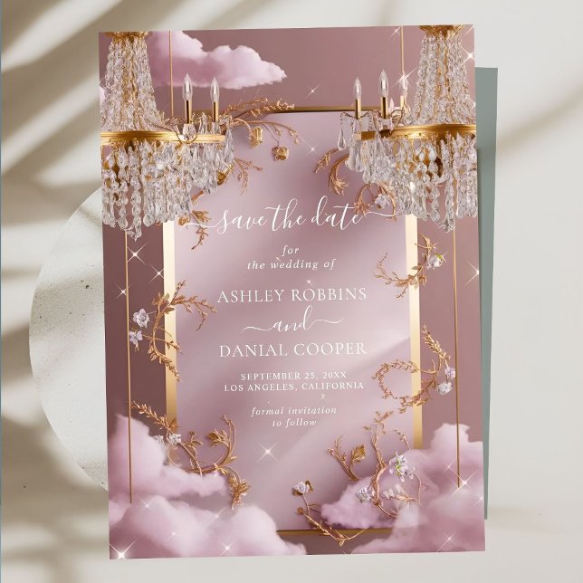 Elegant Chandelier Pink Clouds Save The Date Invitation (Creator Uploaded)