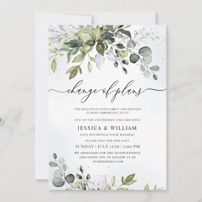 Elegant Change of Plans Eucalyptus Watercolor Invitation (Front)