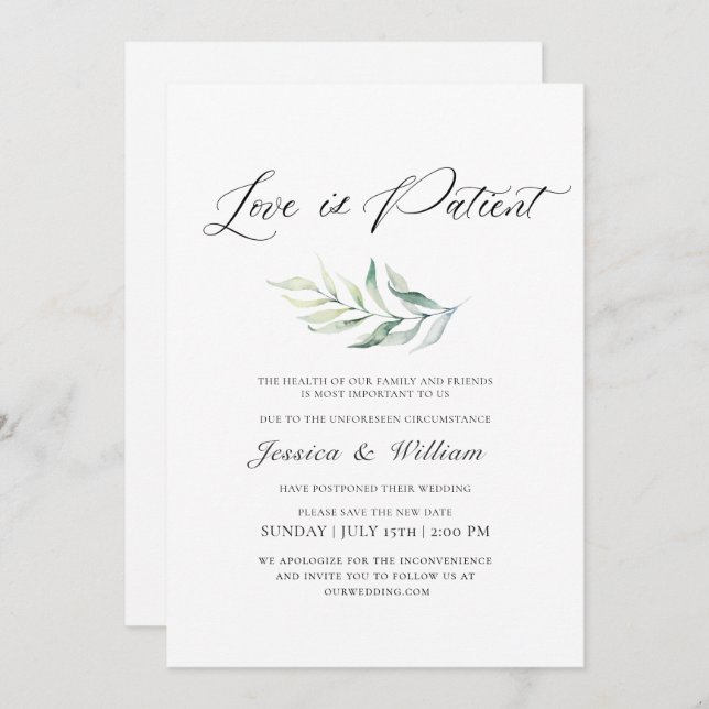 Elegant Change the Date Love is Patient Watercolor Invitation (Front/Back)