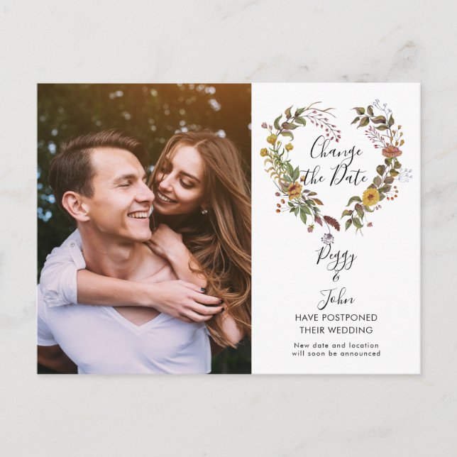 Elegant Change the Date Postponed Photo Floral Announcement Postcard (Front)
