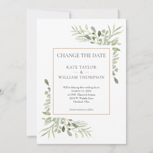 Elegant Change the Date Watercolour Greenery Photo Save The Date