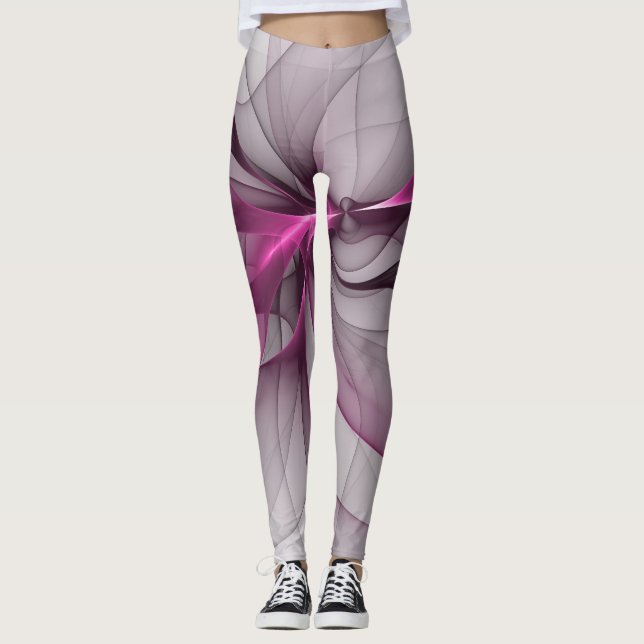 Elegant Chaos Modern Abstract Pink Fractal Art Leggings (Front)