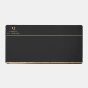 Elegant Charcoal Black & Gold Add Name & Monogram Desk Mat