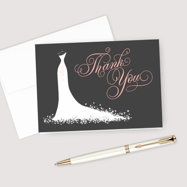 Elegant Charcoal Black Wedding Gown Bridal Shower Thank You Card (Creator Uploaded)