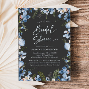 Elegant Charcoal Dusky Blue Florals Bridal Shower Invitation