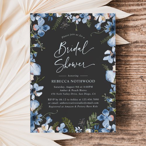 Elegant Charcoal Dusky Blue Florals Bridal Shower  Invitation