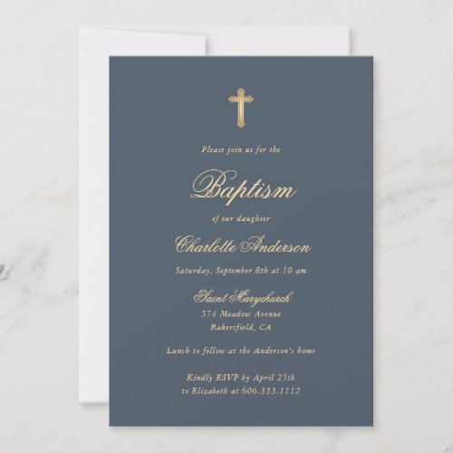 Elegant Charcoal Gold Cross Script Baptism Invitation