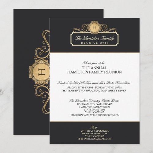 Elegant Charcoal Gold Monogram Family Reunion