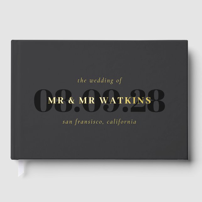 Elegant Charcoal Gold Typography Wedding Foil Guest Book (Front)
